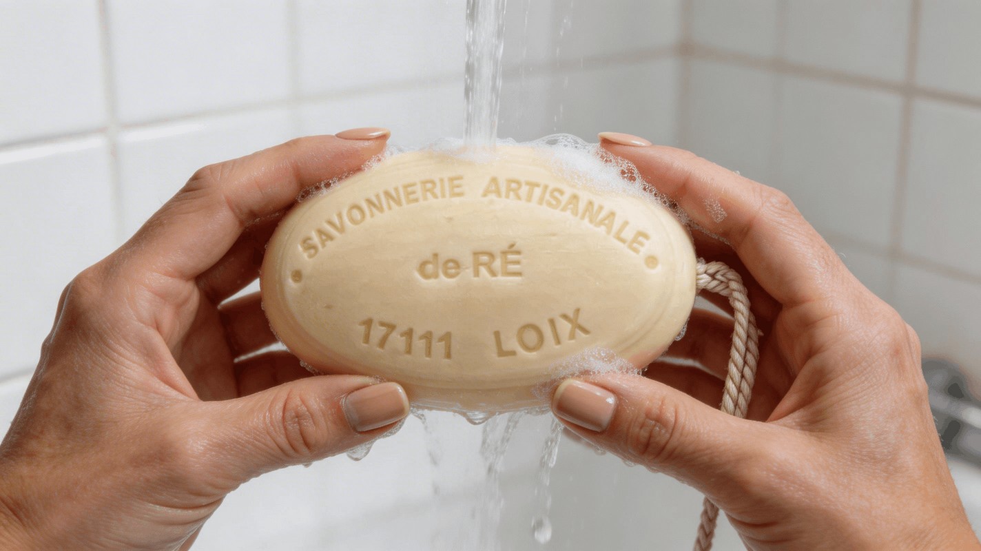 Mains femme tenant savon lait de chevre 200g sous eau courante