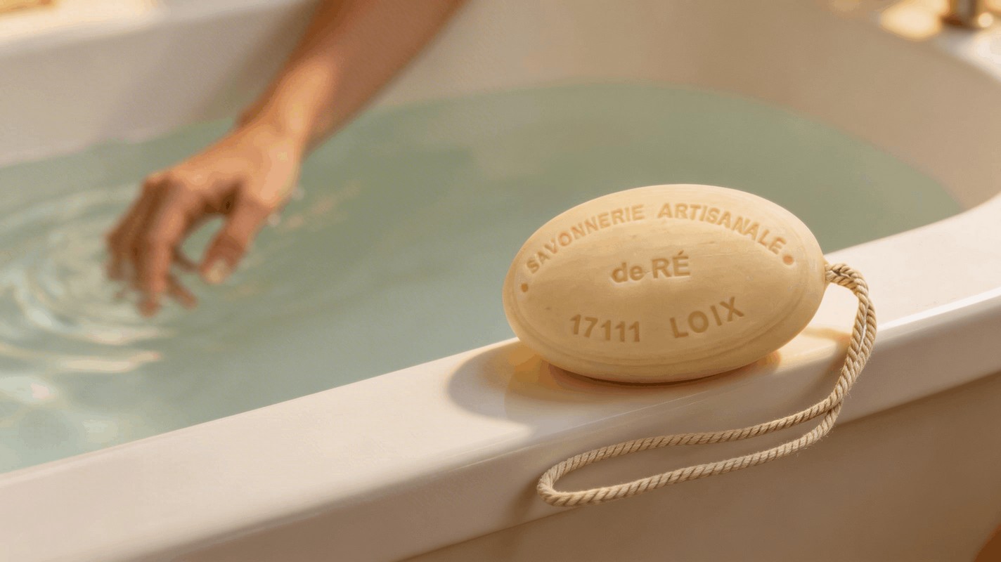 Savon lait de chevre 200g pose sur rebord baignoire blanche