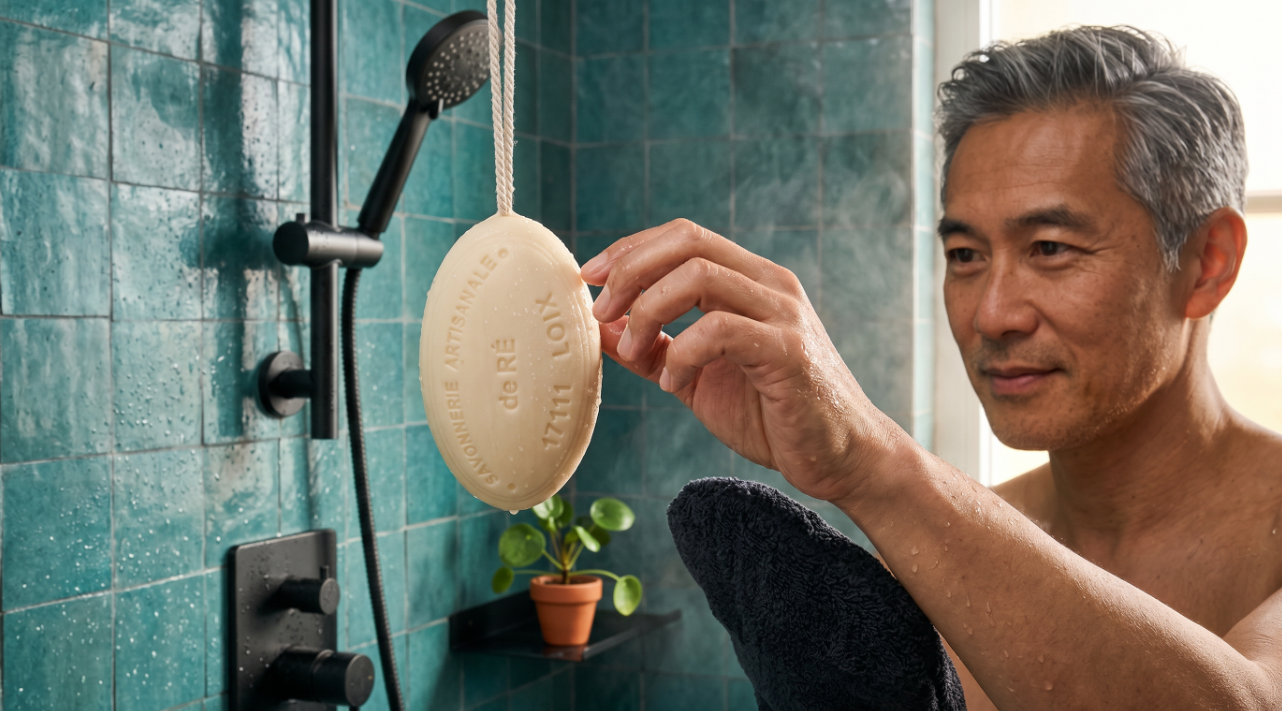 homme attrape un savon au lait de chevre suspendu dans une douche coloree