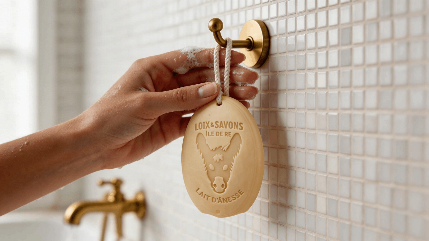 Main femme accroche savon ficelle ovale lait d anesse bio crochet laiton douche zellige