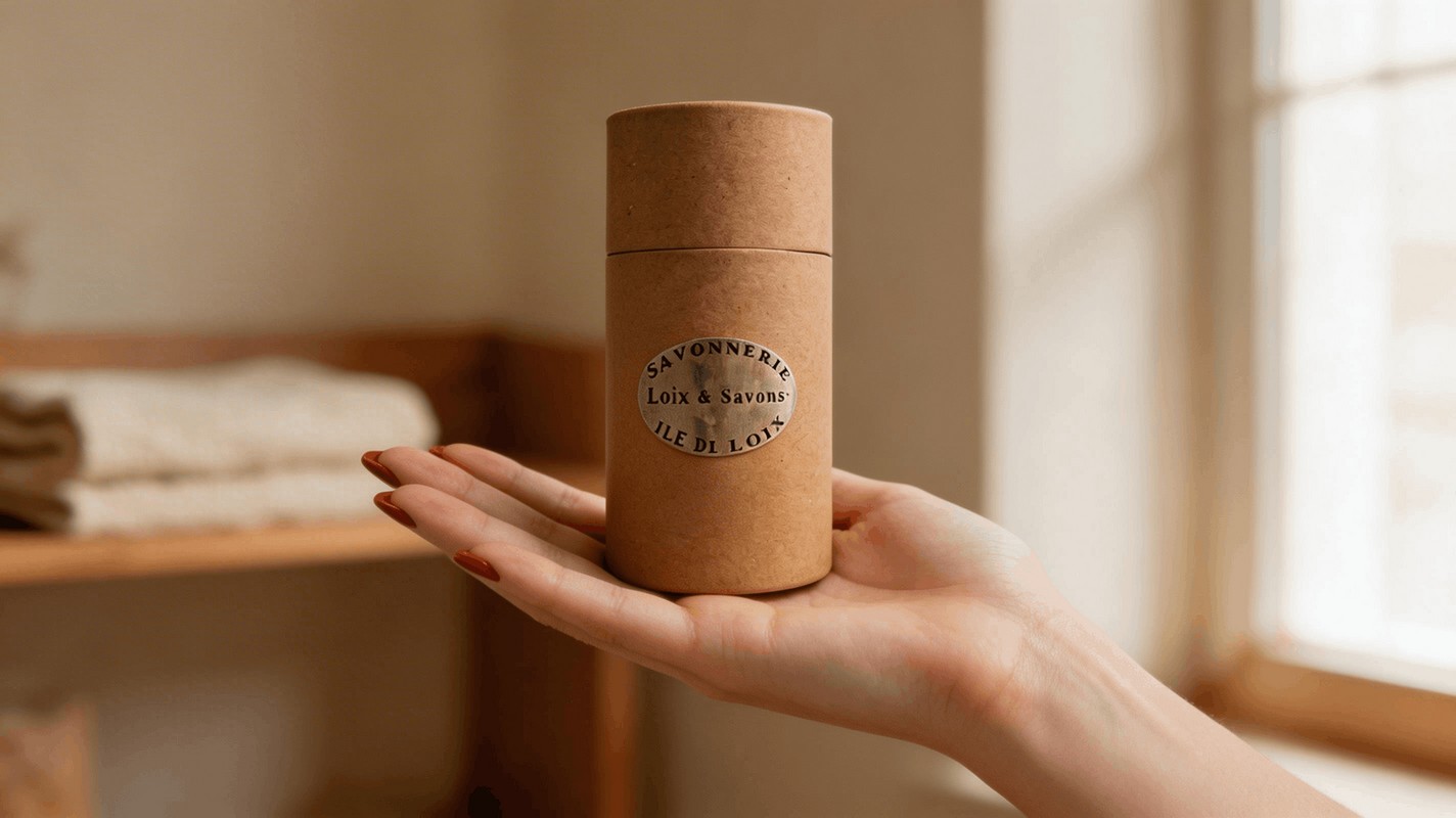 Main femme tient etui cylindrique carton kraft savon lait d anesse cadeau artisanal ile de re