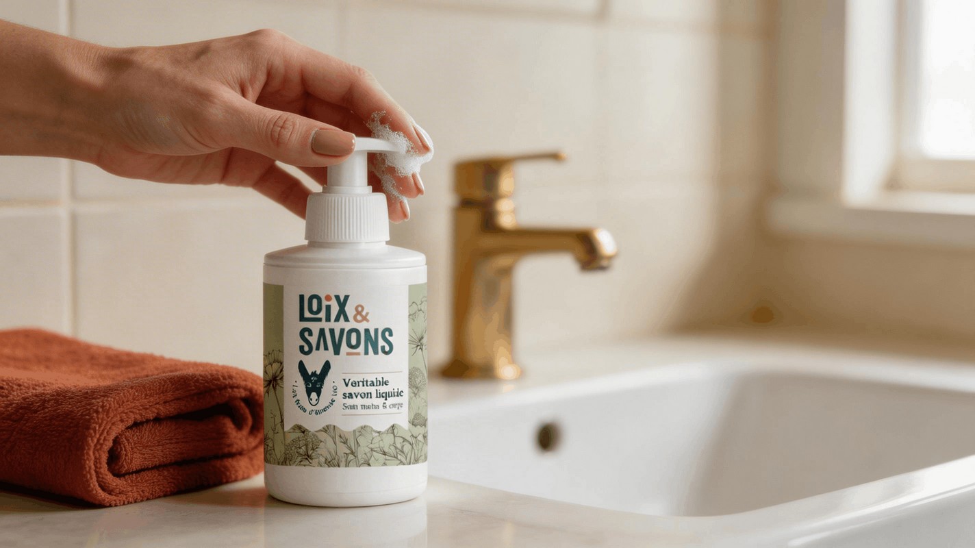 Main femme appuie flacon pompe savon liquide lait d anesse bio lavabo ceramique serviette terracotta