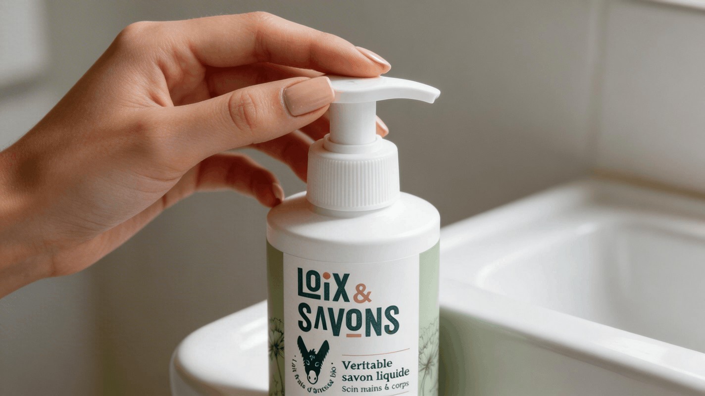 Flacon pompe savon liquide lait d anesse rebord lavabo ceramique blanche