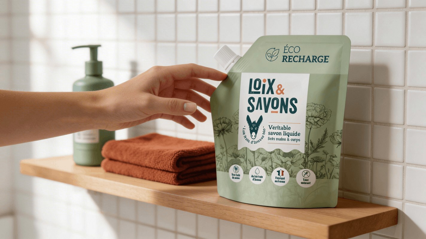 Main femme verse recharge doypack savon liquide lait d anesse dans flacon pompe lavabo ceramique