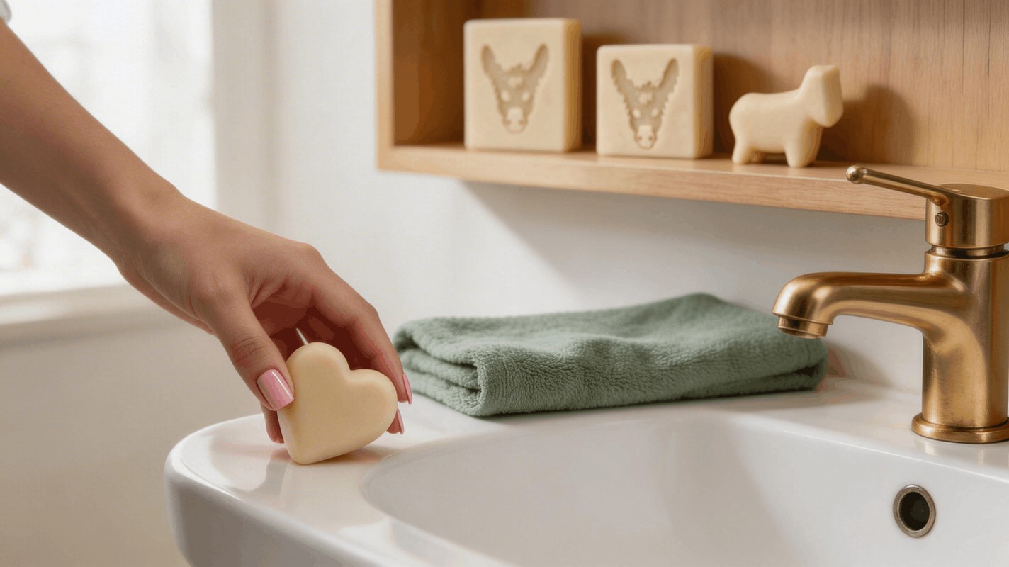 Main femme pose savon invite coeur lait d anesse lavabo ceramique etagere formats mini ile de re