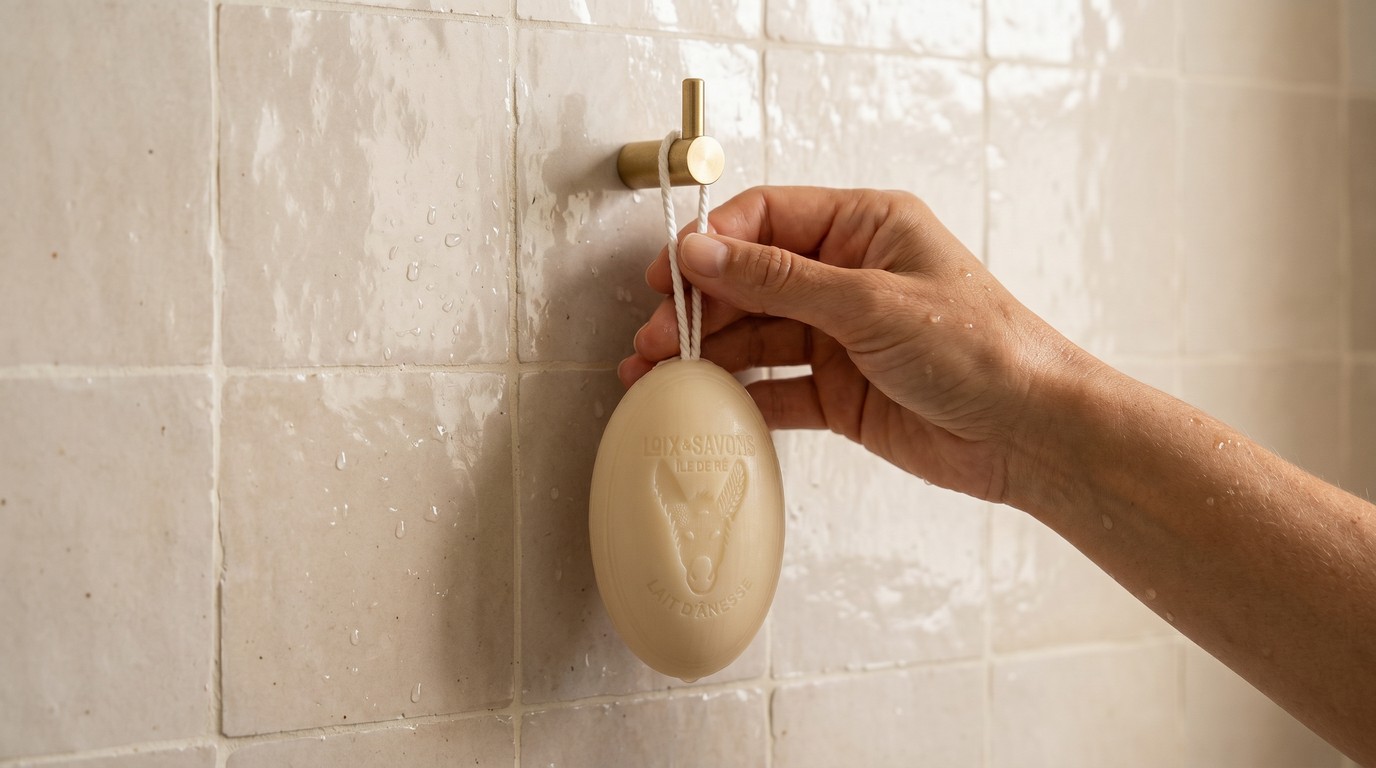 Savon ficelle ovale au lait d'ânesse bio 200g suspendu dans une douche carrelage zellige