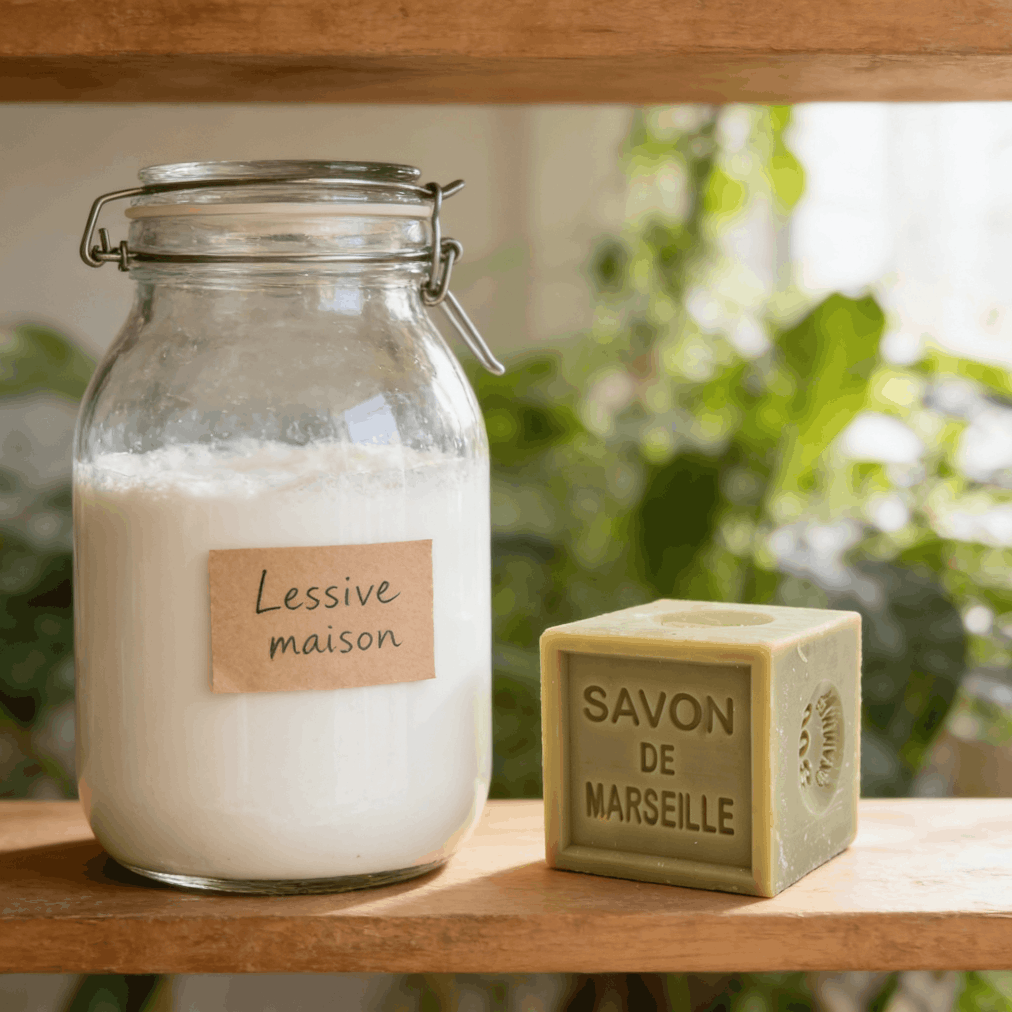 Bocal de lessive maison au savon de Marseille prête à l'emploi avec étiquette kraft