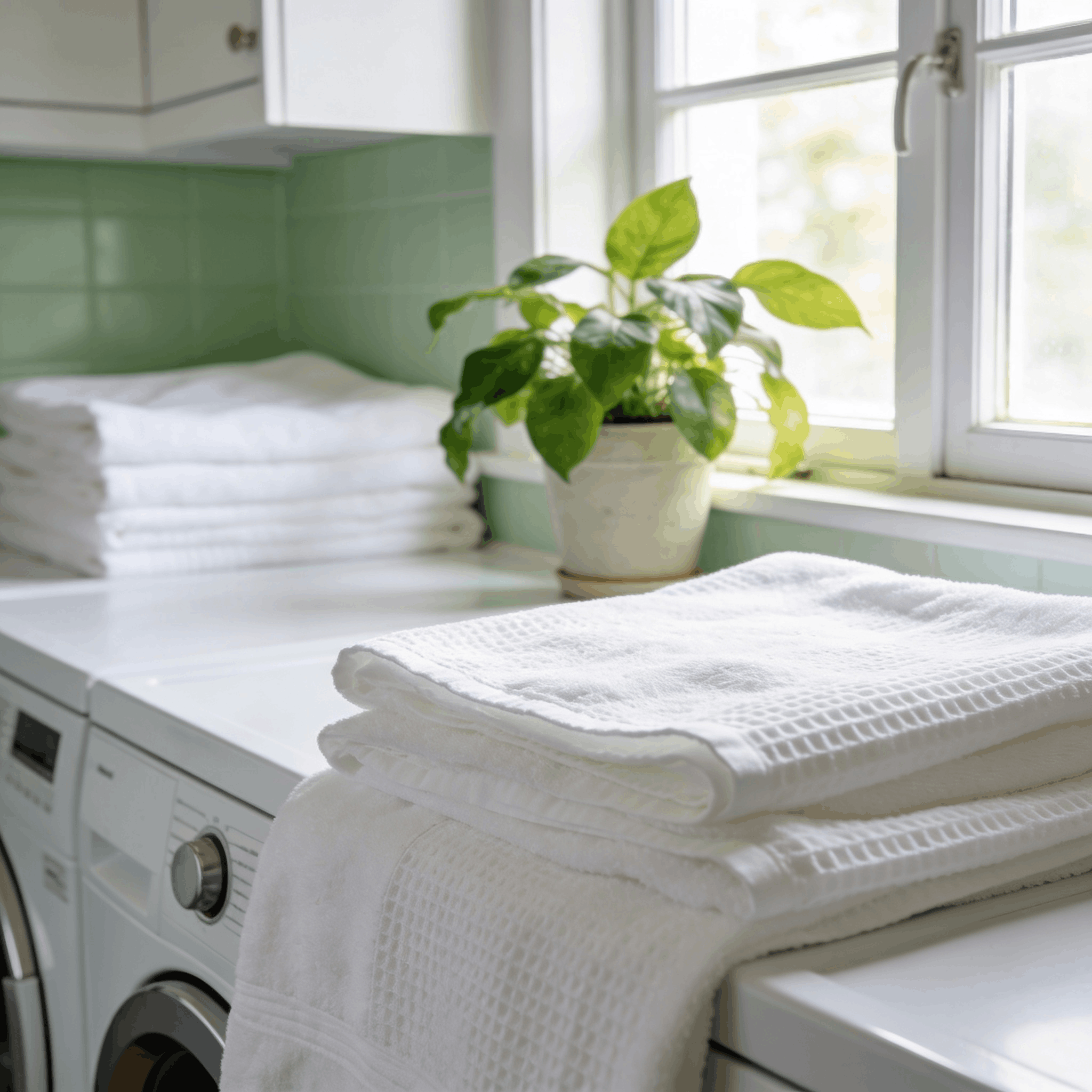 Buanderie naturelle et organisée avec linge propre et produits ménagers zéro déchet