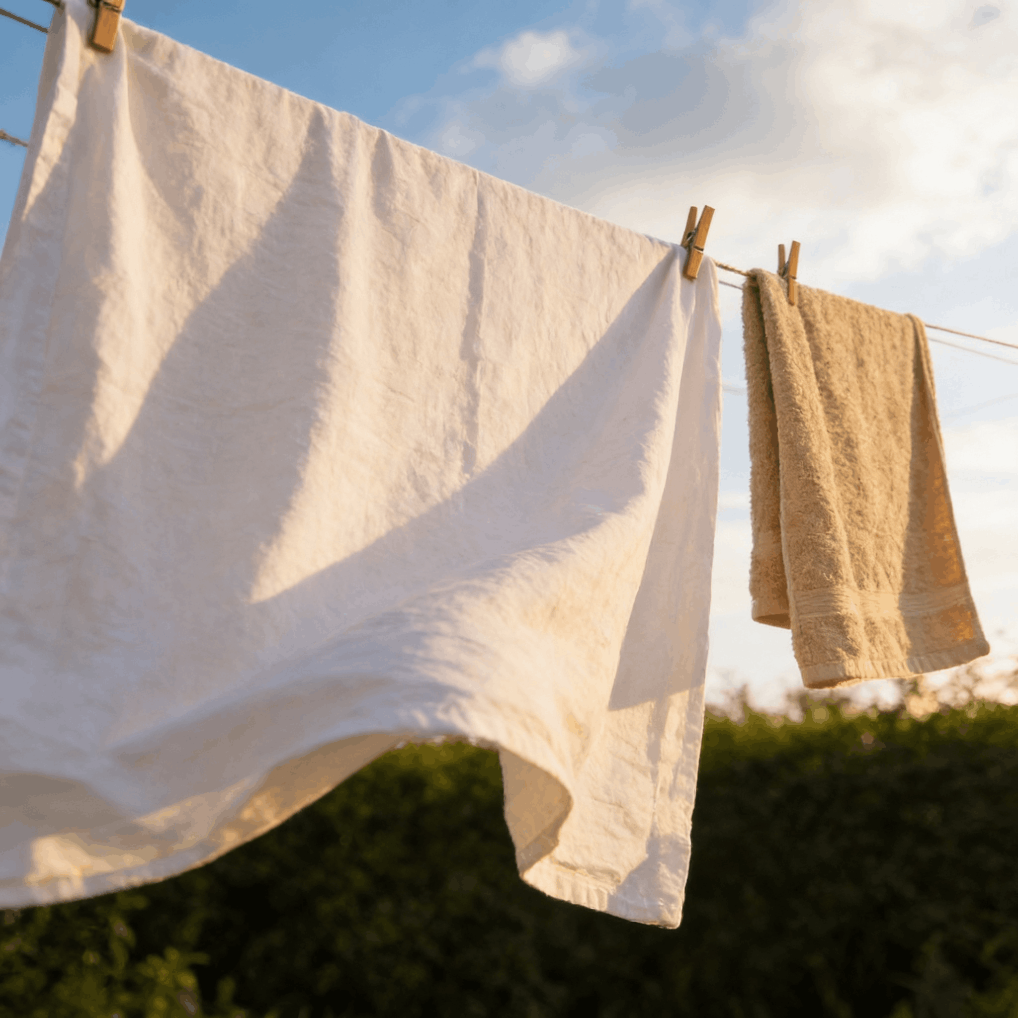Linge blanc propre qui sèche au soleil dans un jardin après lavage à la lessive maison naturelle