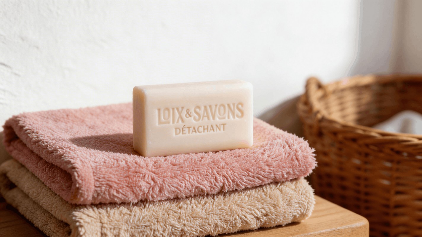 Savon detachant saponaire pose sur serviettes beige et rose
