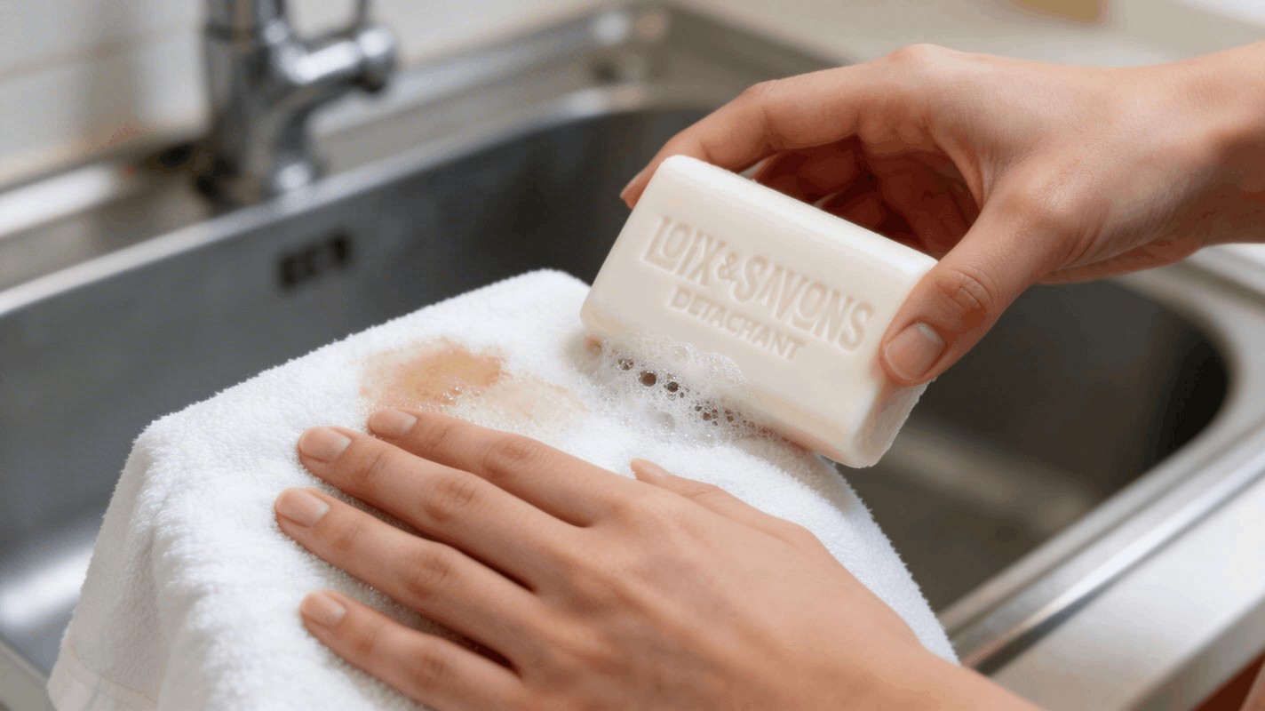 Mains frottant savon detachant sur tissu tache