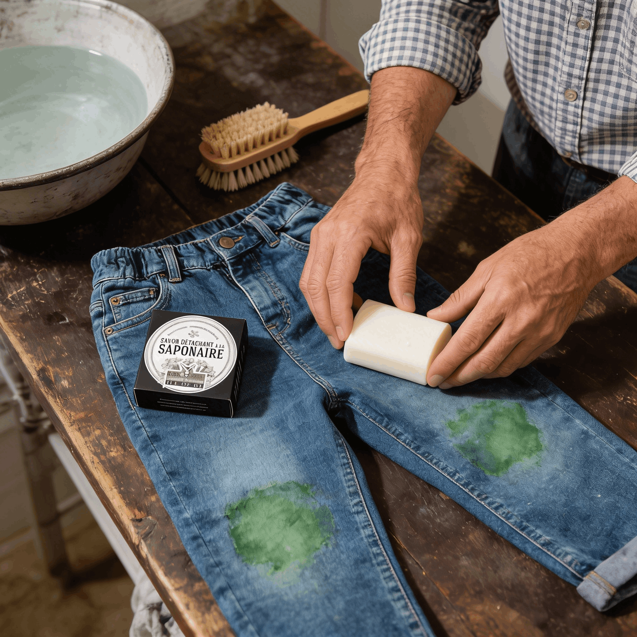 Jean d'enfant taché d'herbe posé à plat avant détachage avec le savon à la saponaire
