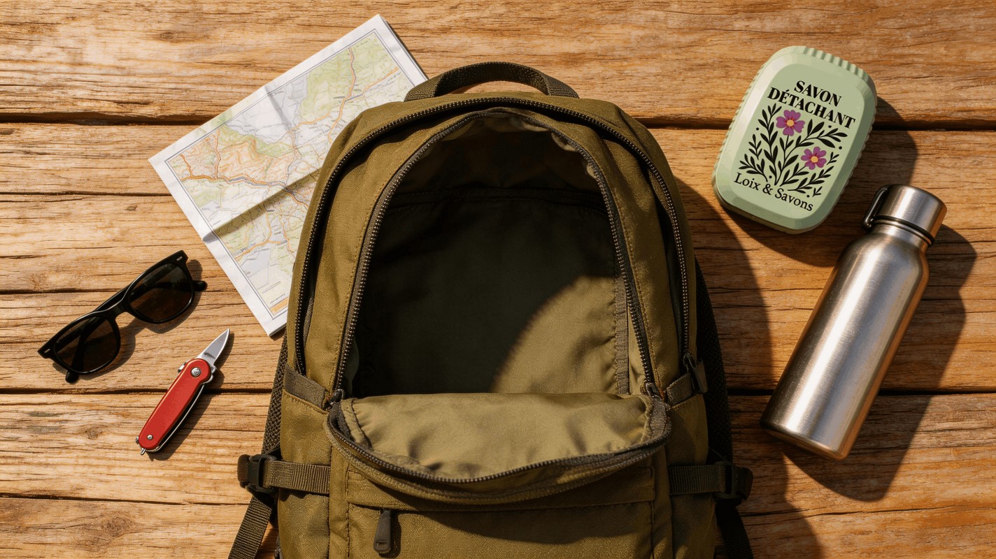 Savon detachant nomade dans un sac a dos de randonnee