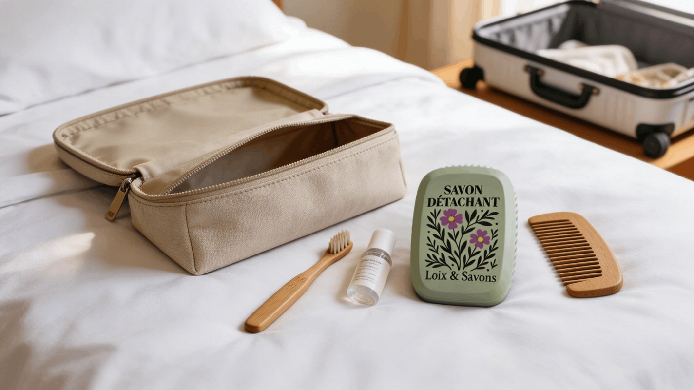 Boite savon detachant dans une trousse de toilette pour le voyage