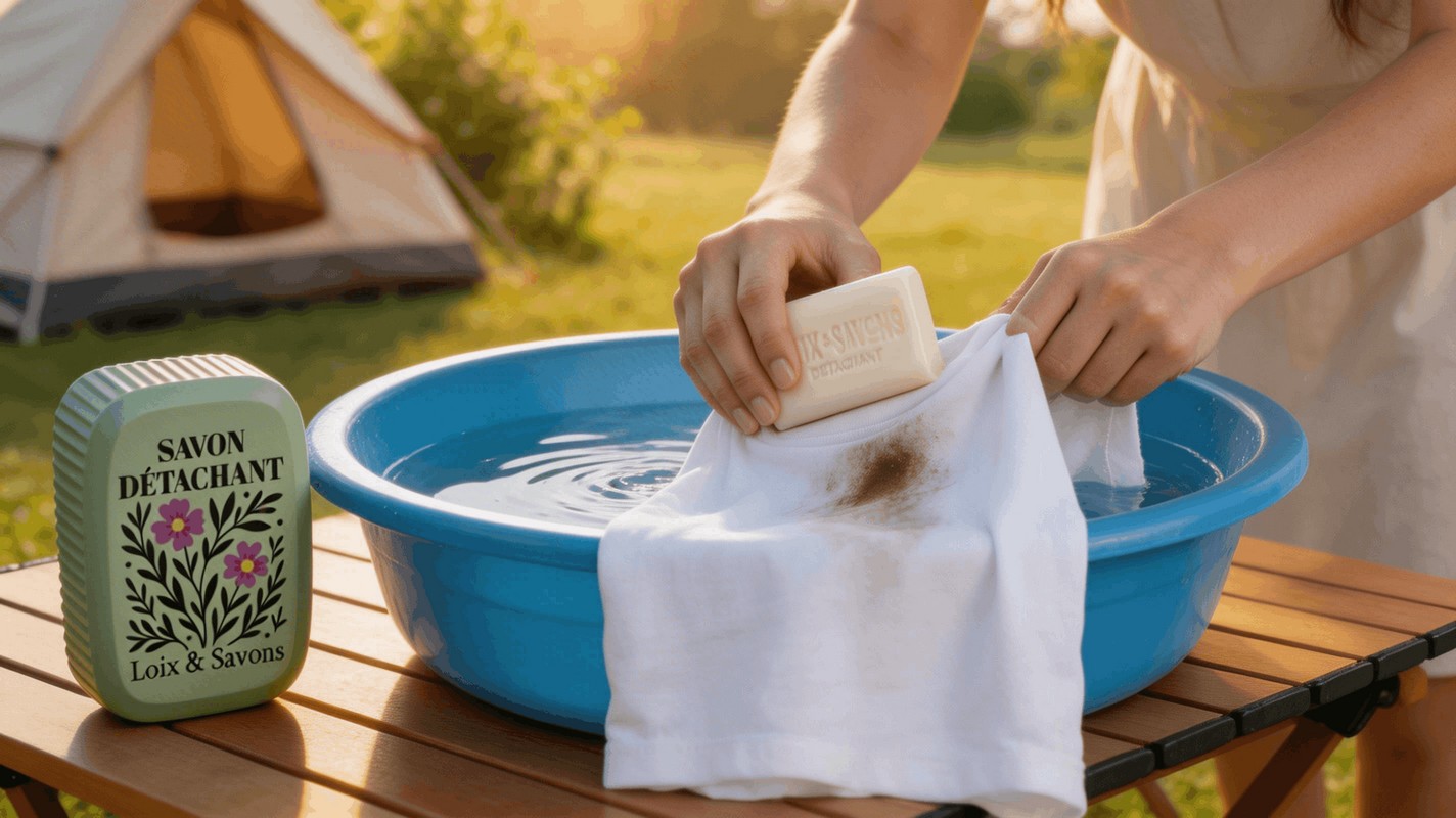 Femme utilisant le savon detachant pour nettoyer un vetement en camping