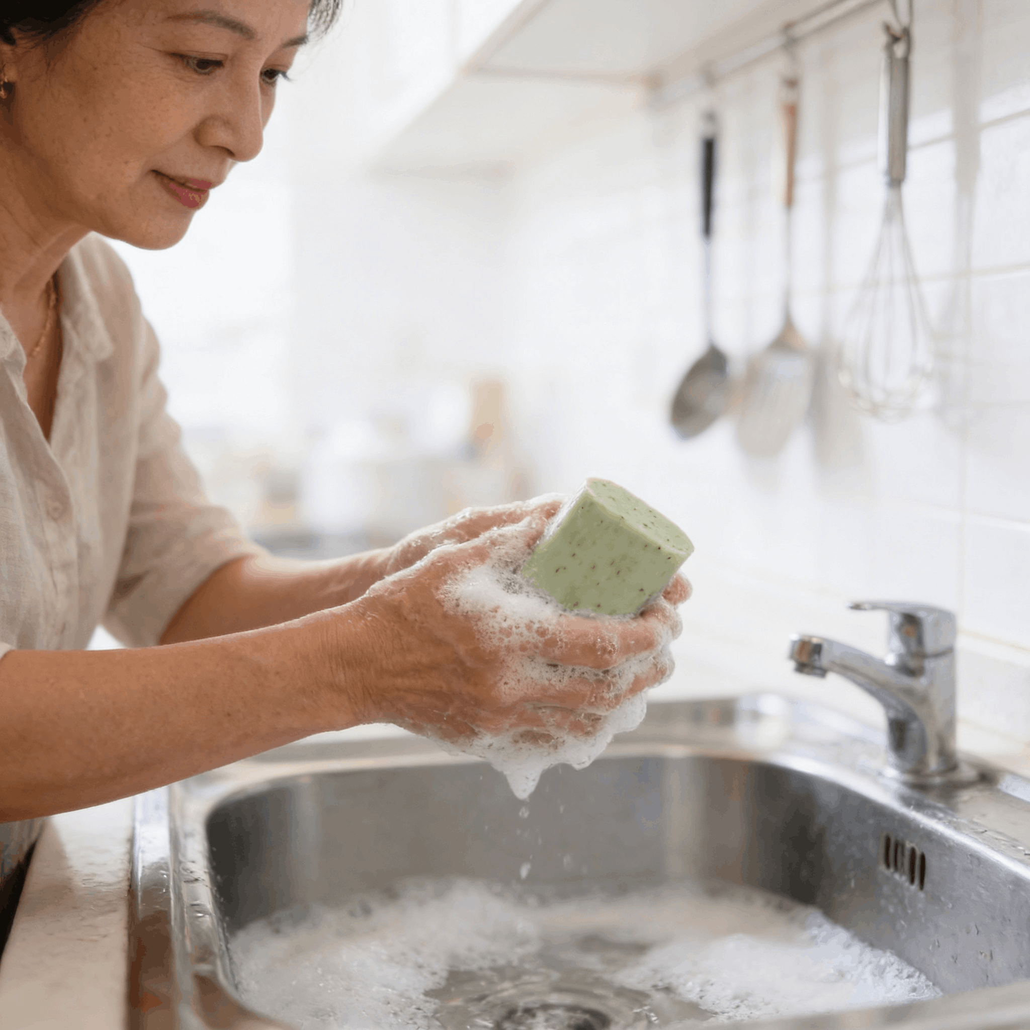 Mains se lavant avec le savon au thym anti-odeur après la cuisine