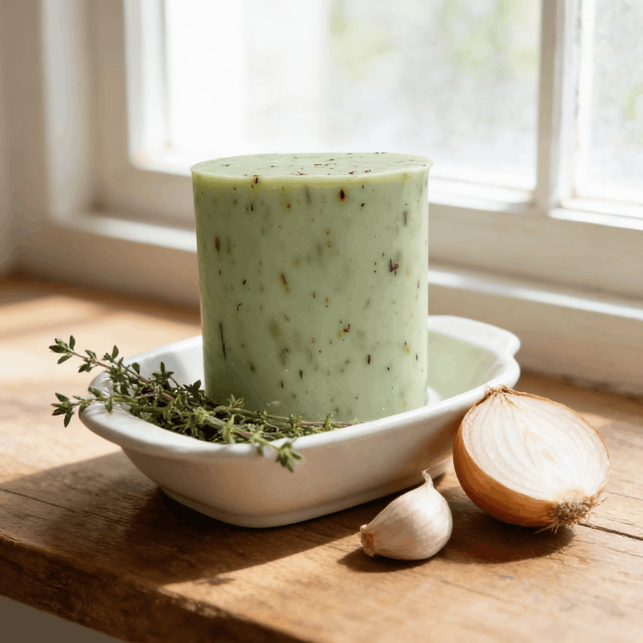 Savon au thym posé près de l'évier de cuisine avec ail et oignon