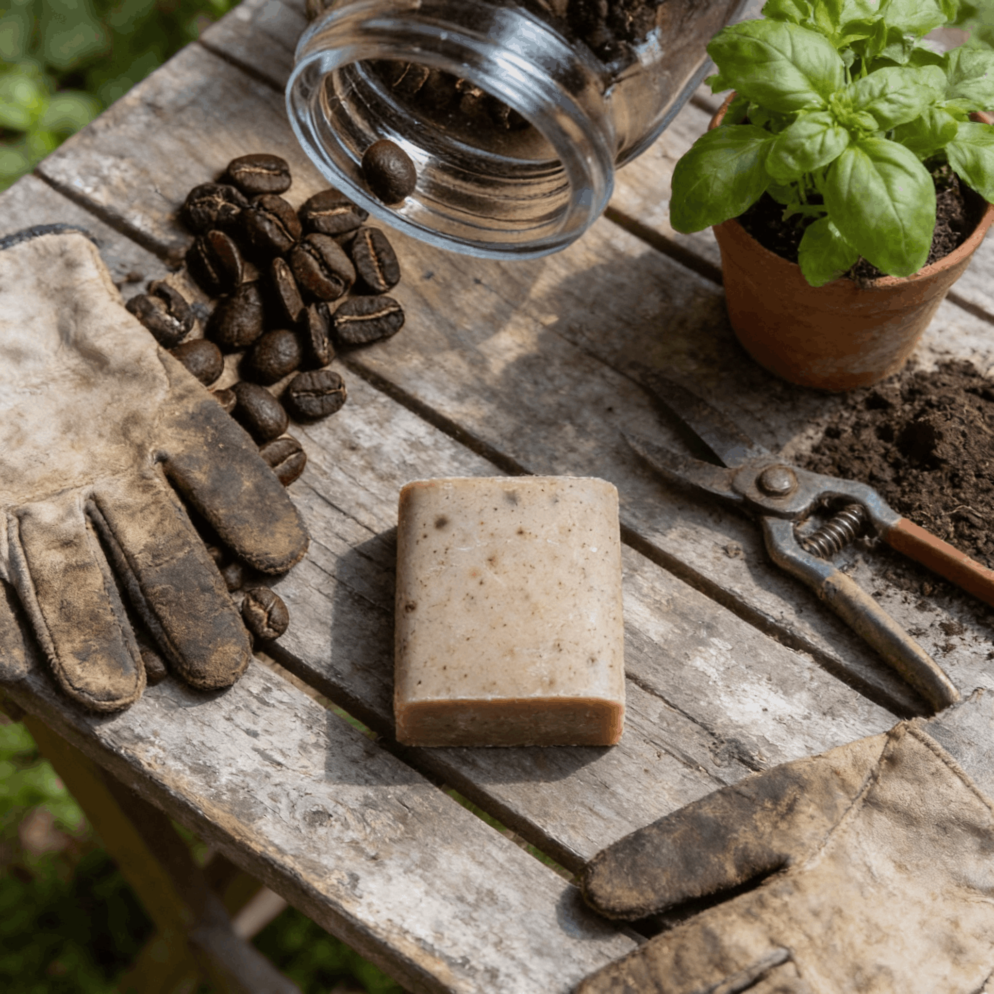 Savon exfoliant au marc de café posé avec des accessoires de jardinage sur une table en bois