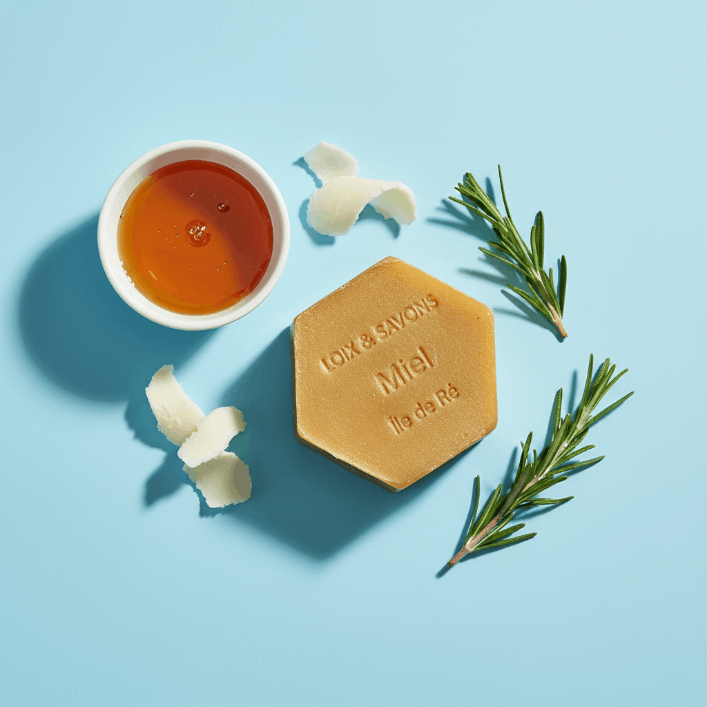 Ingrédients du savon au miel : miel, karité et romarin