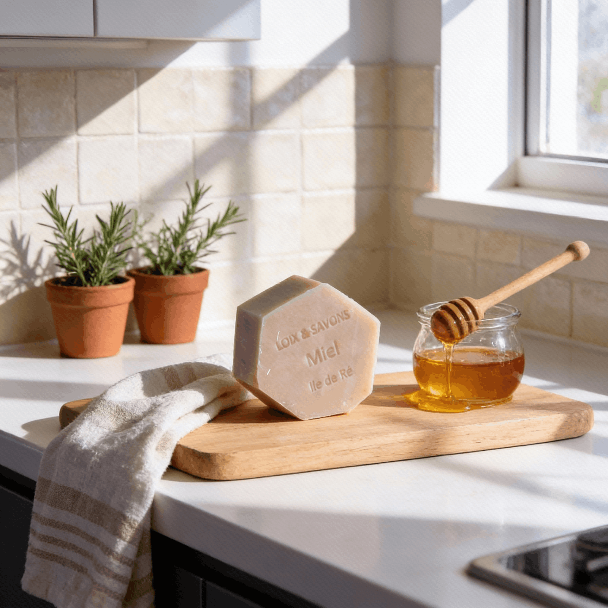 savon au miel sur une planche en bois avec pot de miel