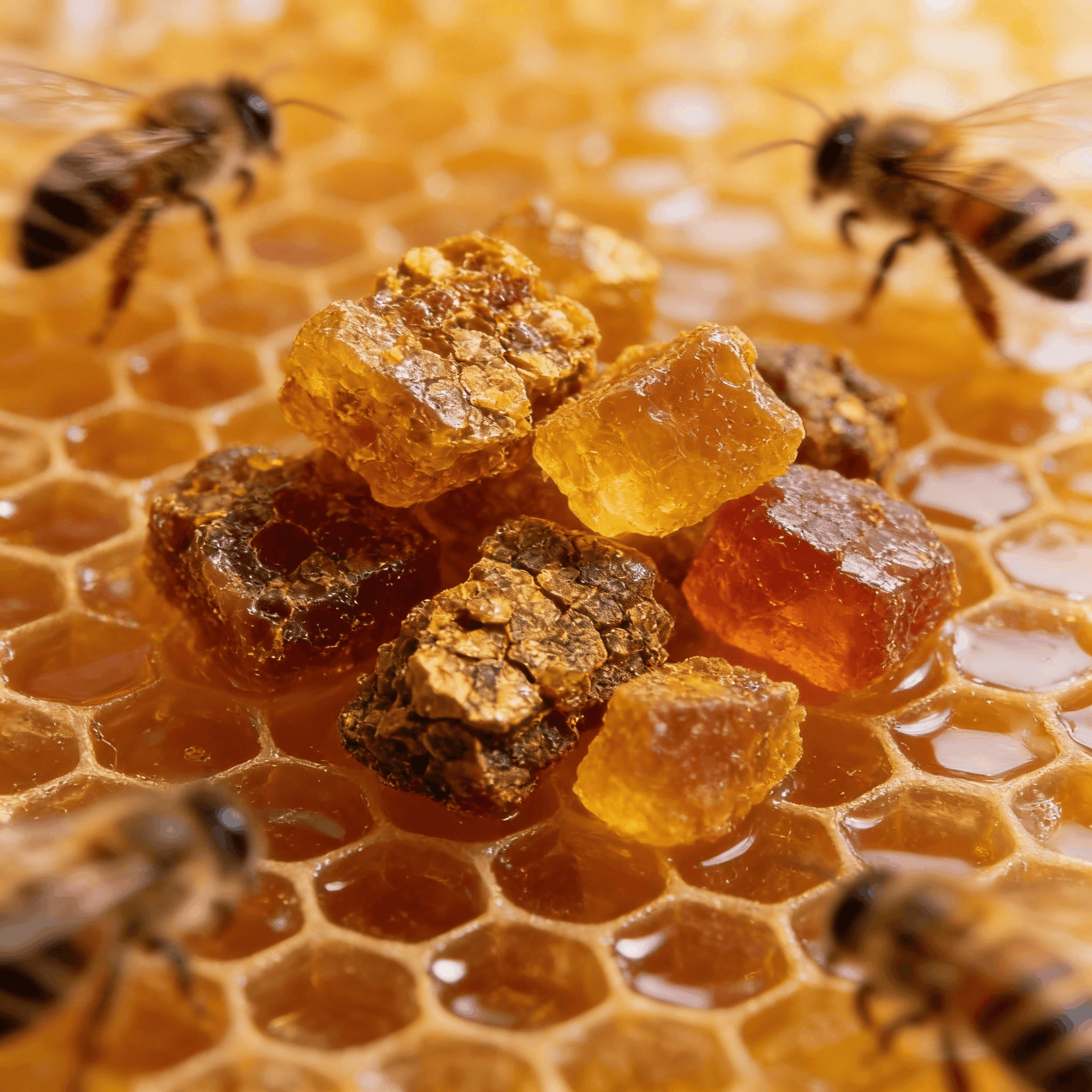 Propolis brute sur rayon de miel avec abeilles