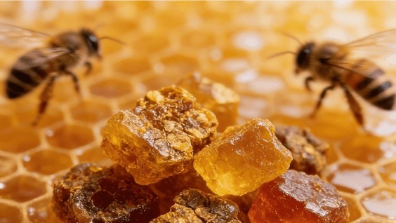 Propolis fraîche brute sur rayon de miel avec abeilles butineuses en gros plan