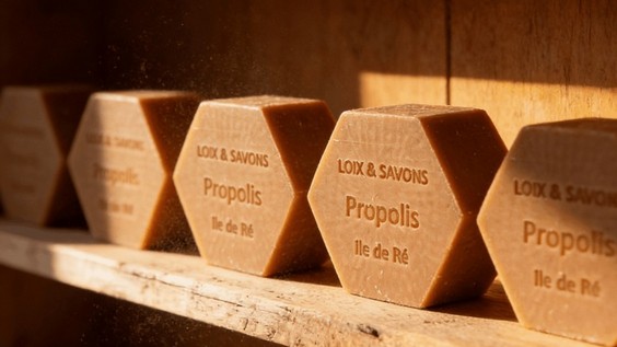 Savons à la propolis hexagonaux en séchage sur étagères en bois dans l'atelier de Loix sur l'île de Ré