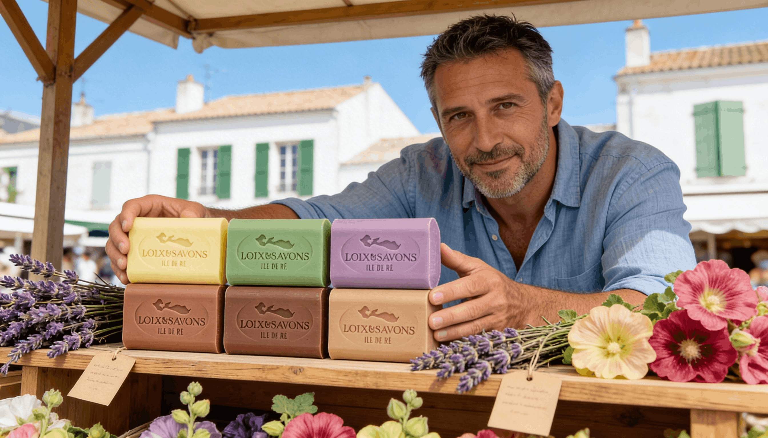 Artisan présentant des savons parfumés colorés sur un marché de l'île de Ré