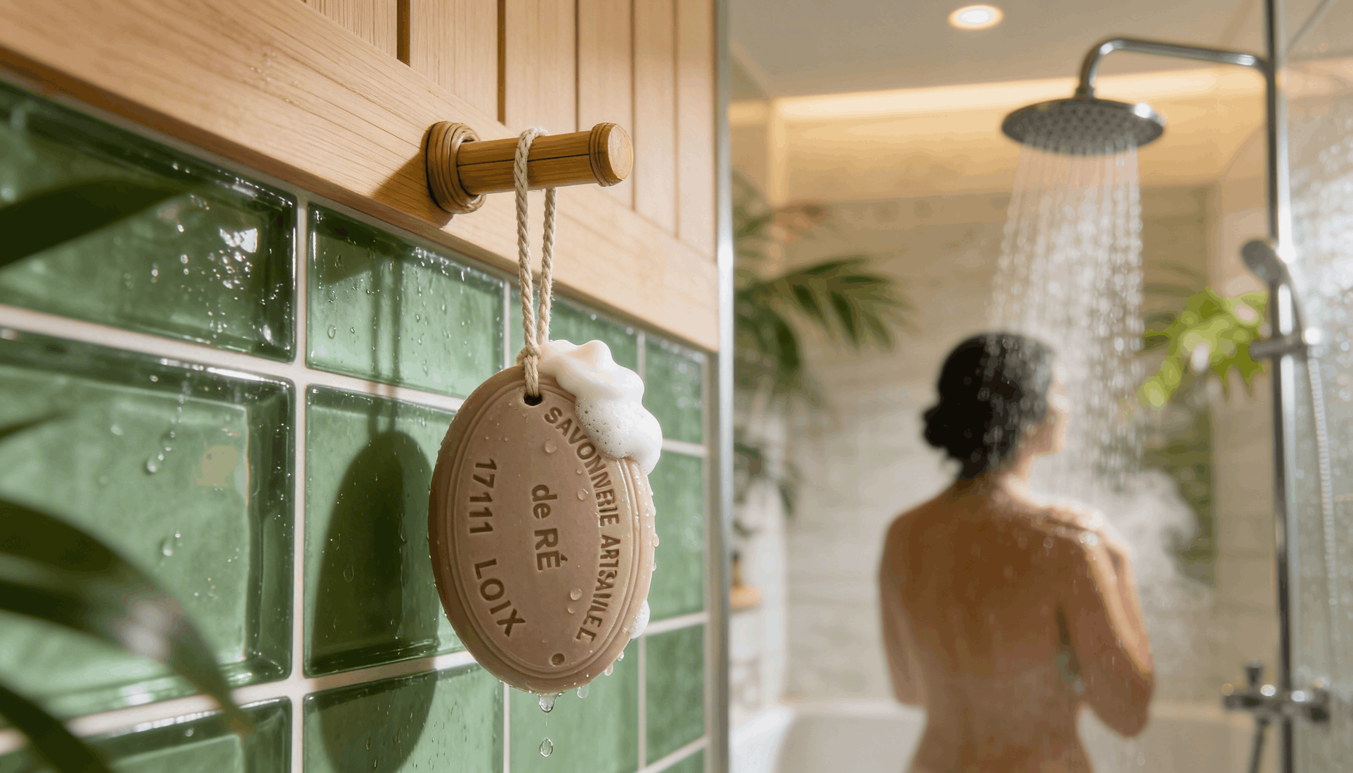 Savon monoï ficelle dans une salle de bain