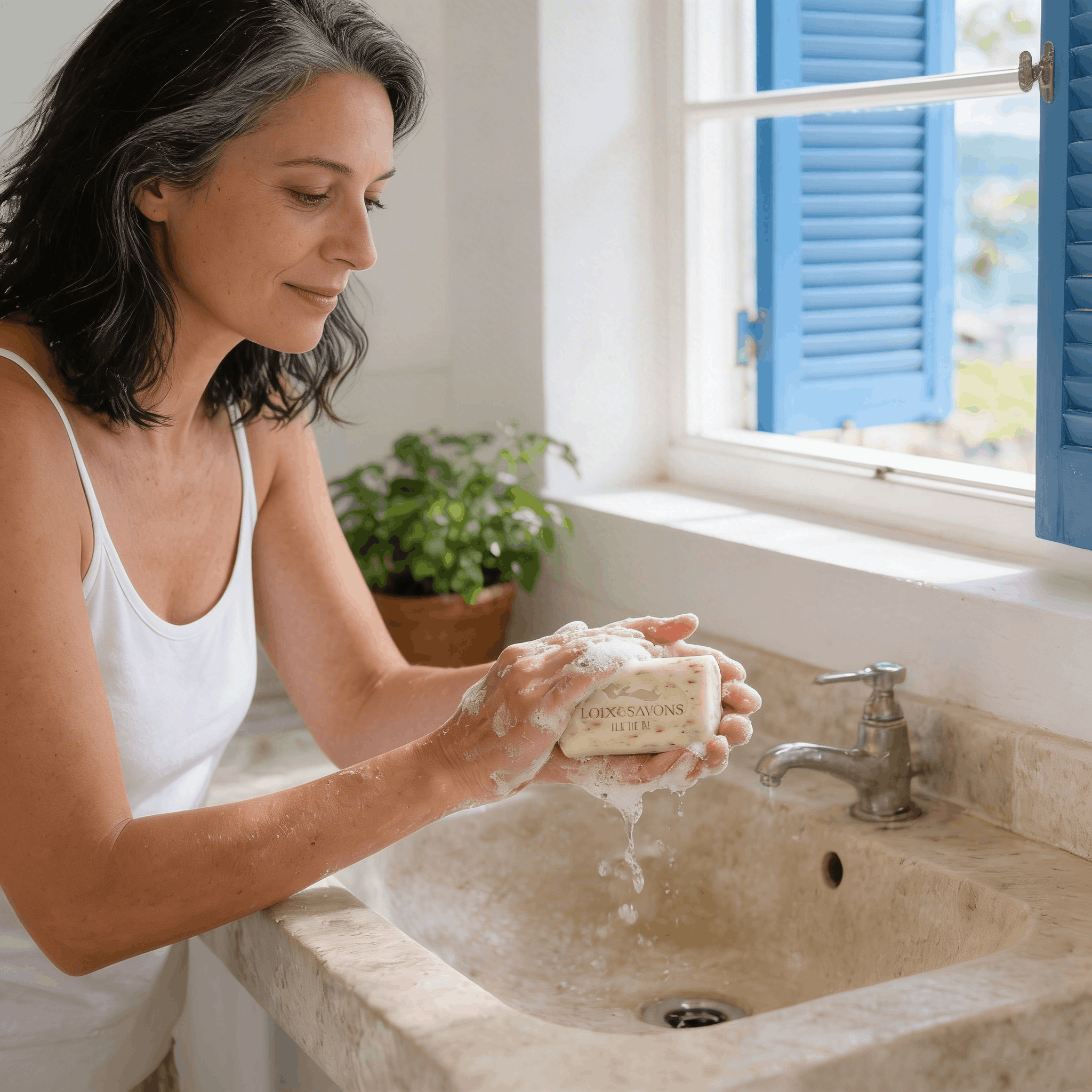 Femme faisant mousser savon rose trémière salle de bain