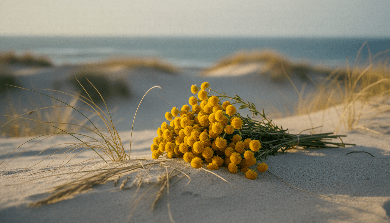 Fleurs d'immortelle des dunes jaunes sur sable île de Ré