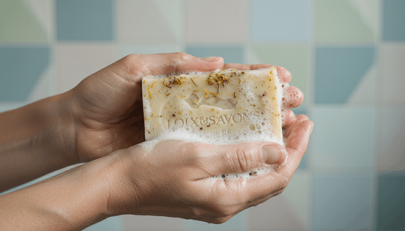 Mains faisant mousser savon immortelle fleurs séchées visibles