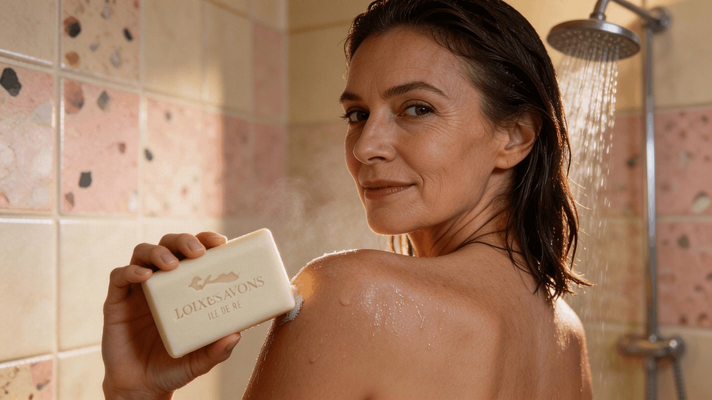 Femme utilisant savon artisanal surgras jasmin sous la douche