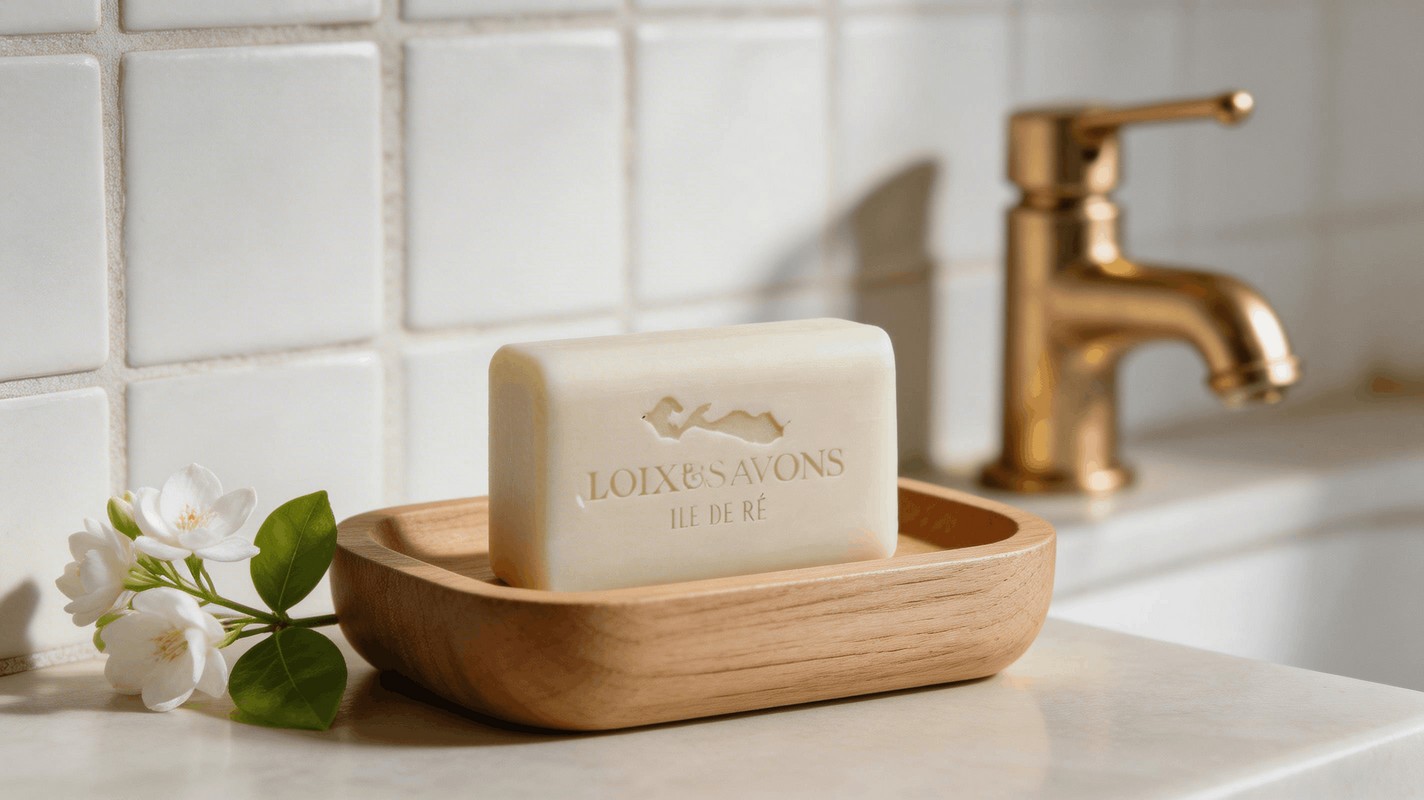 Savon artisanal jasmin pose sur porte-savon laiton salle de bain