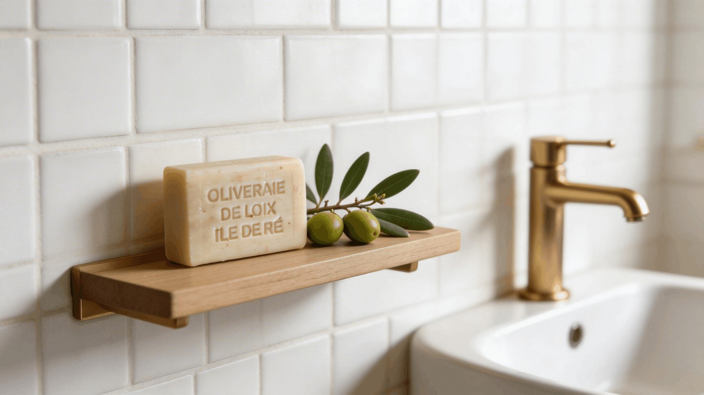 Savon huile d olive Oliveraie de Loix pose sur etagere salle de bain laiton zellige