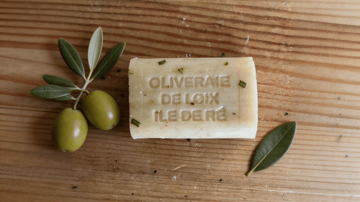 Savon artisanal huile d olive grave Oliveraie de Loix Ile de Re feuilles d olivier