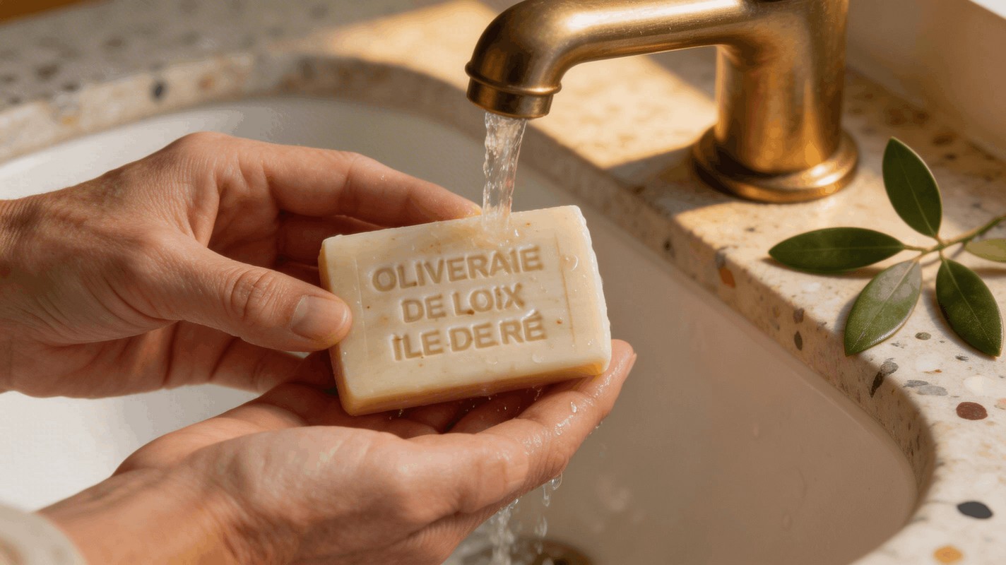 Savon artisanal huile d olive tenu sous l eau mains naturelles robinetterie laiton