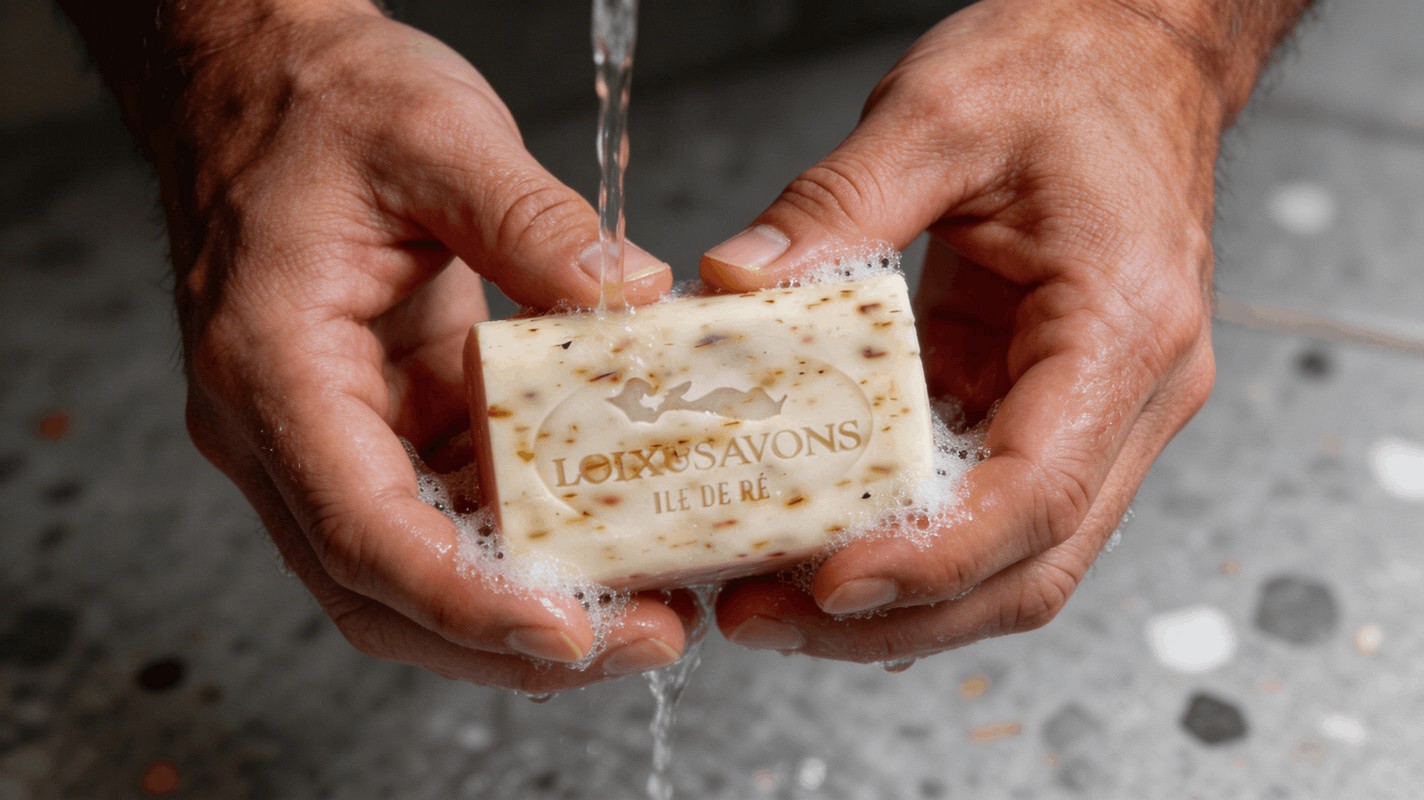 Mousse gommante savon artisanal aiguilles de pin sur mains masculines