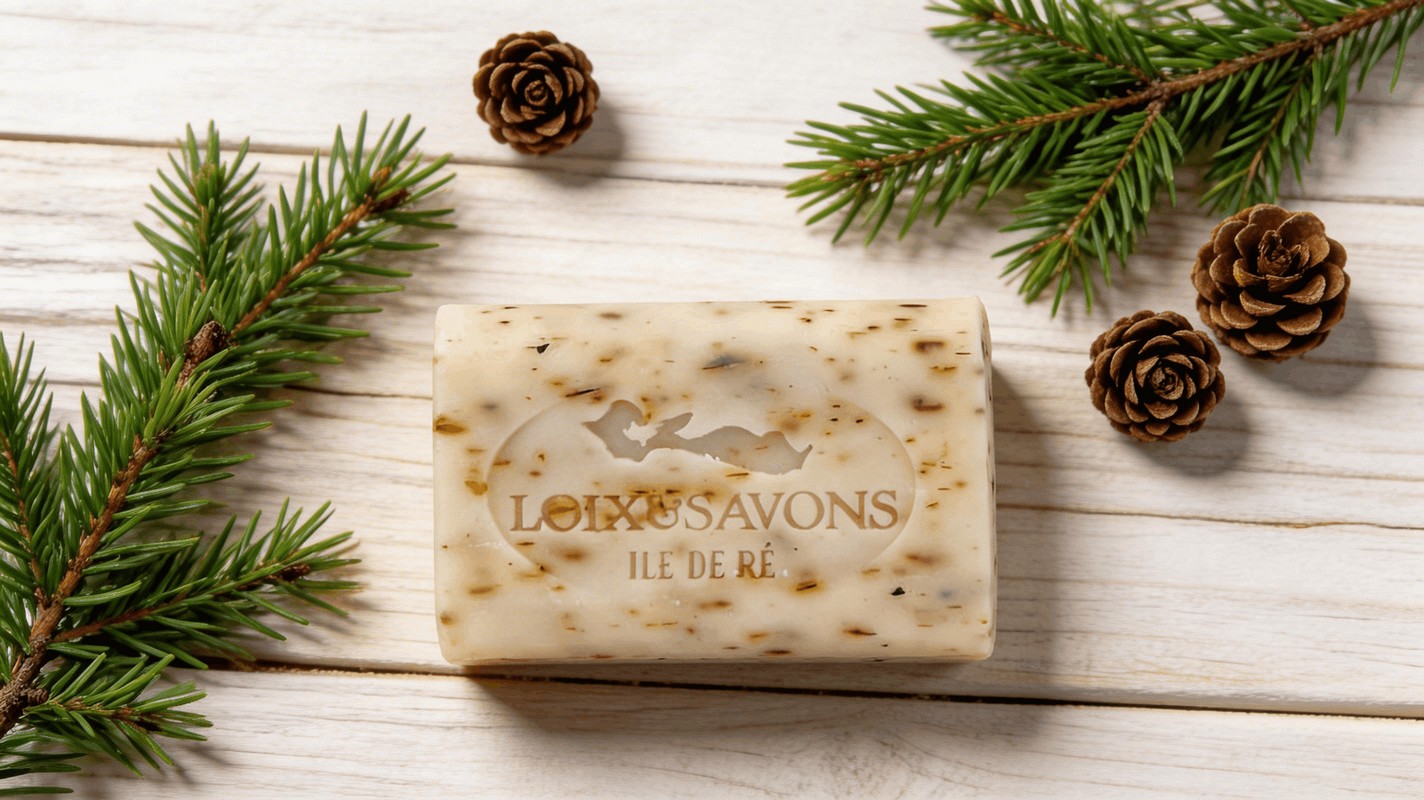 Savon artisanal aux aiguilles de pin crème ivoire fabriqué sur l'Île de Ré