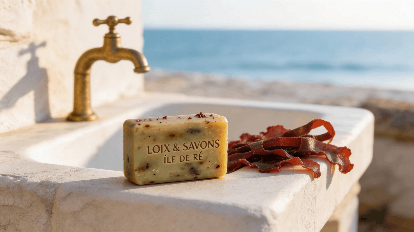 Savon artisanal dulse algue bretonne pose sur evier exterieur pierre calcaire Ile de Re