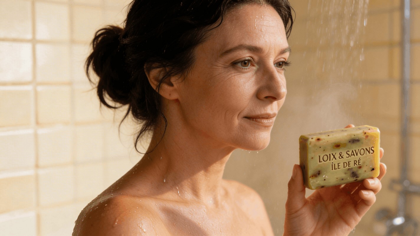 Femme utilisant savon artisanal a la dulse sous la douche Loix Savons Ile de Re