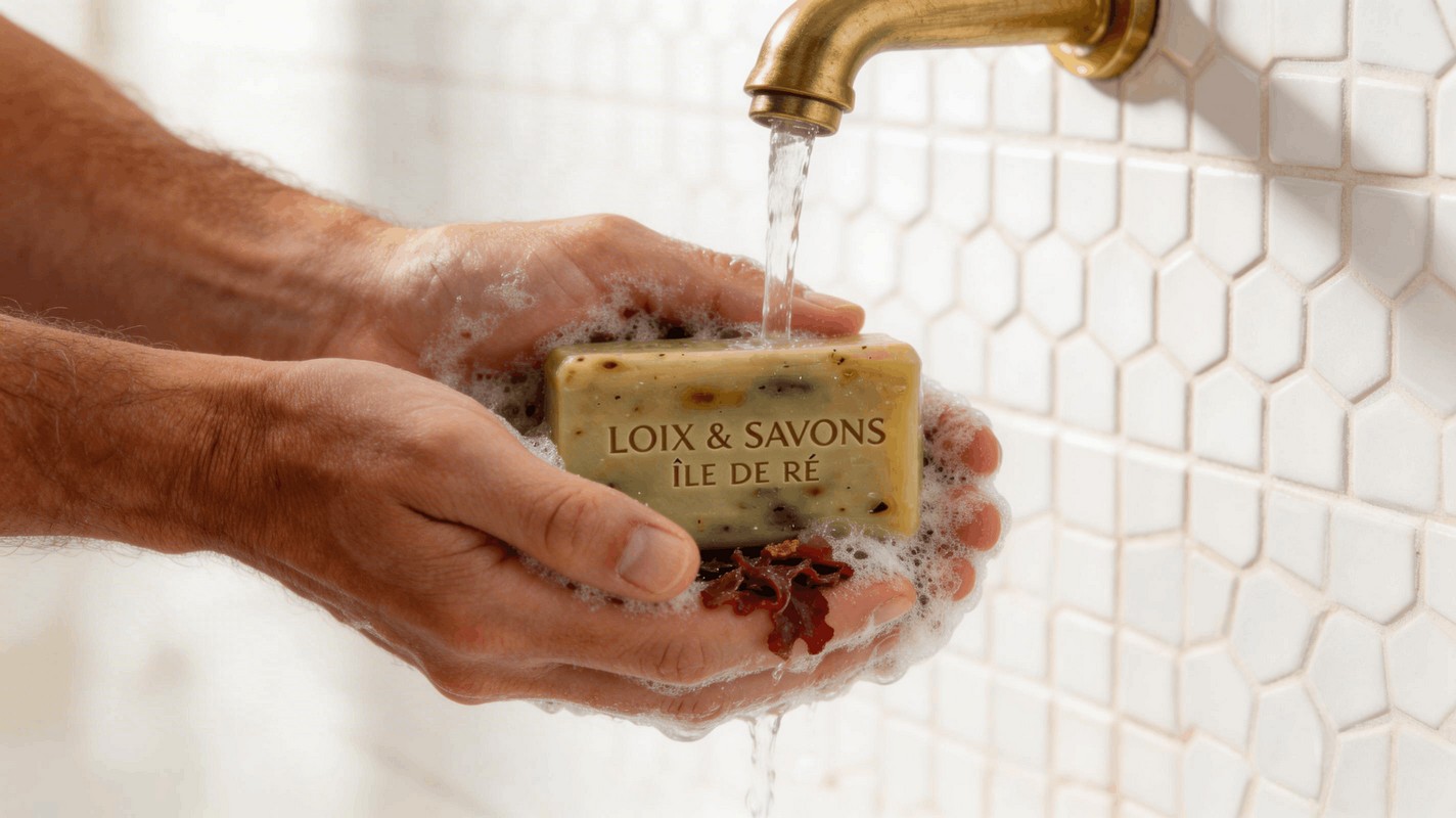 Mousse savon artisanal dulse algue bretonne mains particules rouges