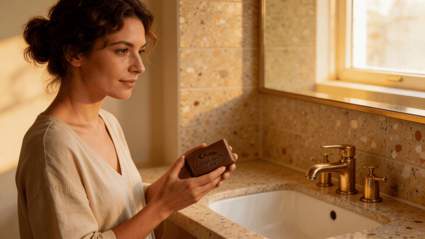 Femme utilisant savon artisanal chocolat surgras Loix et Savons Île de Ré