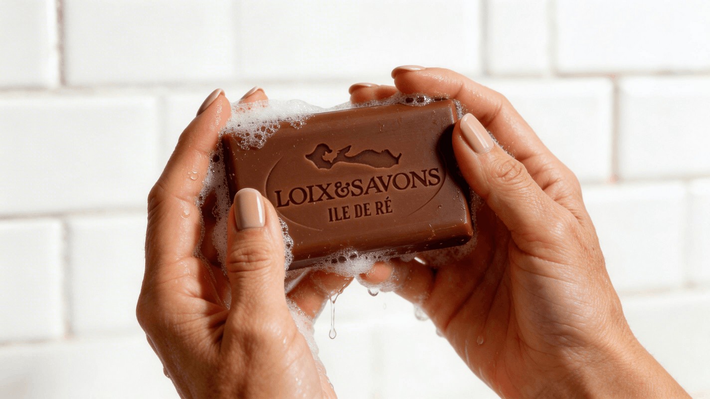 Mousse onctueuse savon artisanal chocolat surgras sur mains féminines