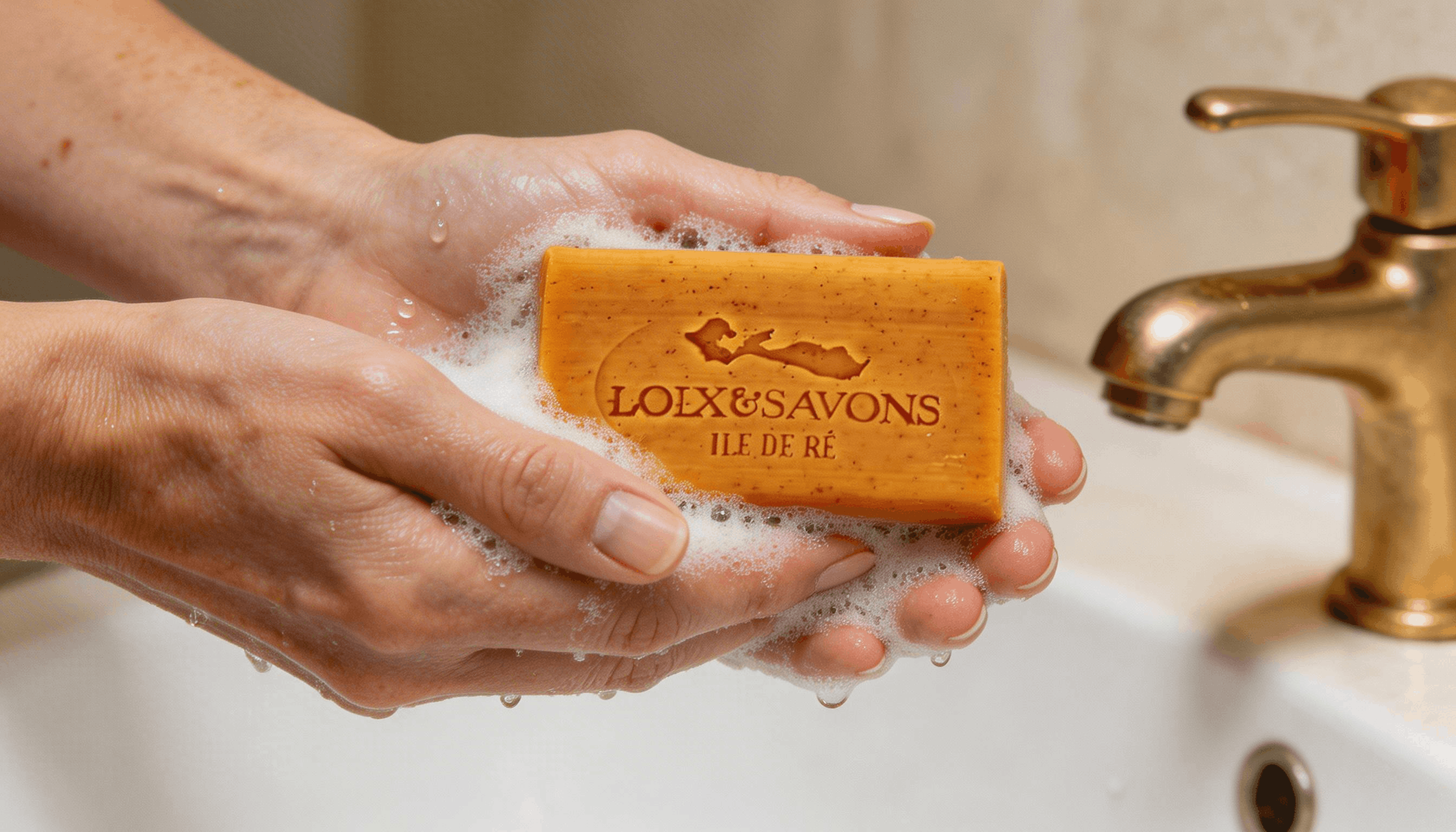 Mains faisant mousser savon curcuma mousse crémeuse