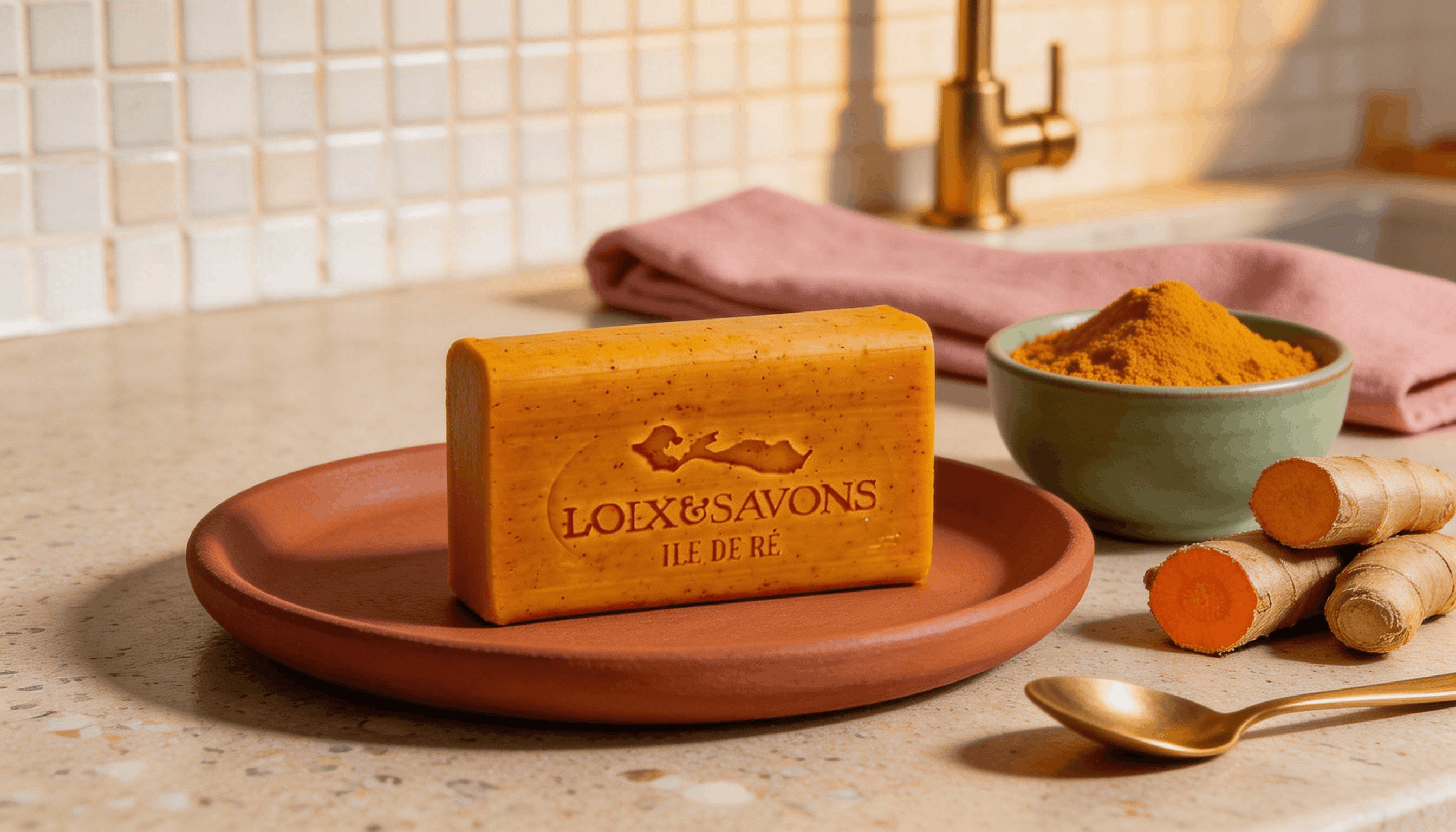 Savon curcuma Loix et Savons avec poudre et racines ambiance française