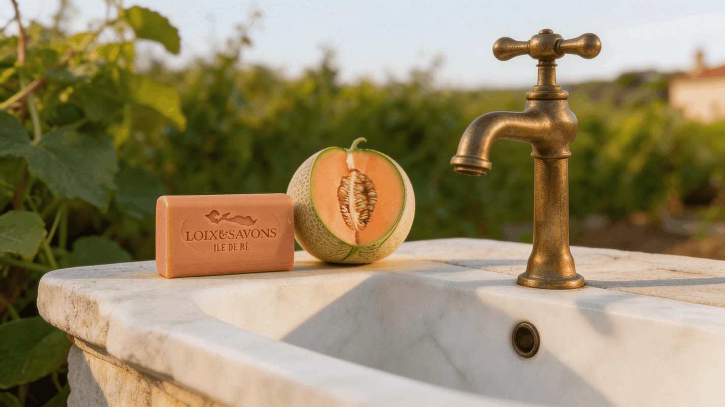Savon artisanal melon charentais pose sur evier exterieur pierre calcaire Ile de Re