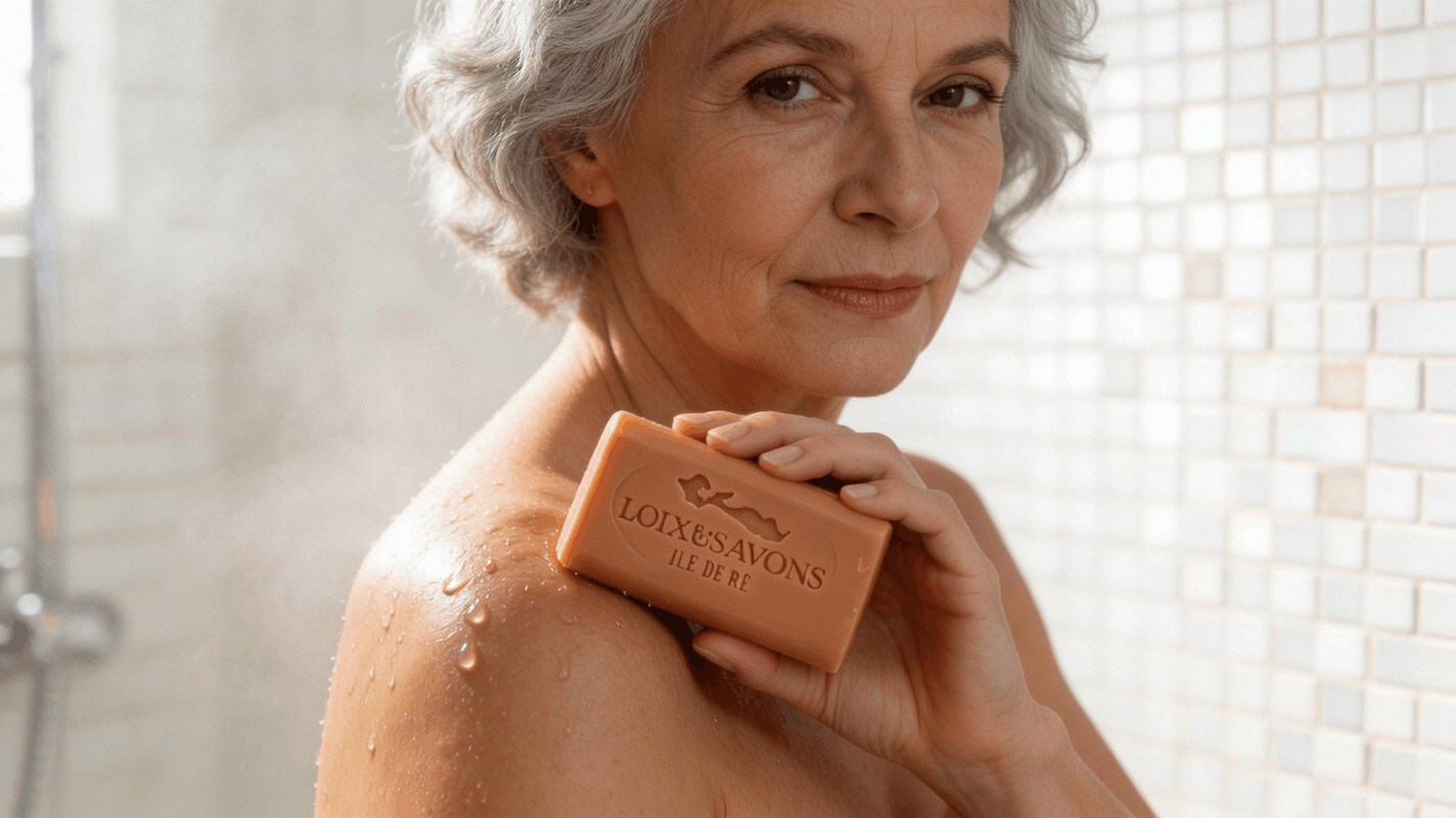 Femme utilisant savon artisanal surgras melon charentais sous la douche Ile de Re