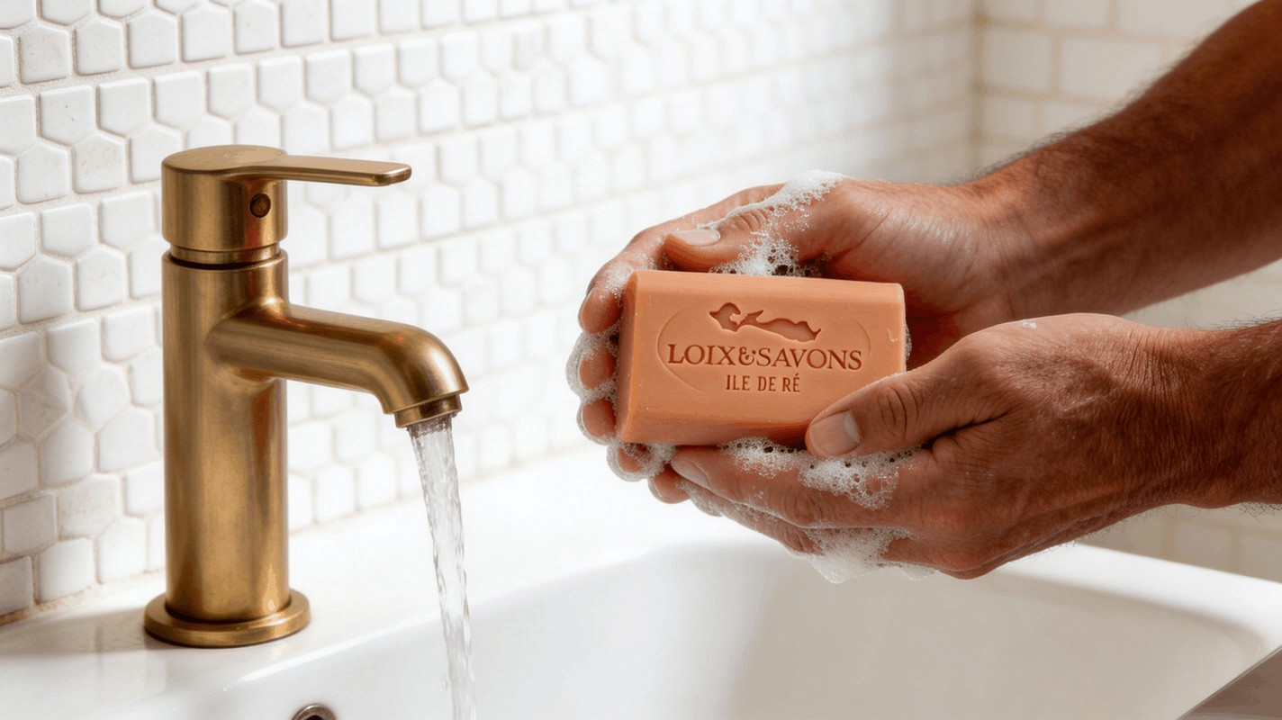 Mousse onctueuse savon artisanal melon charentais mains salle de bain