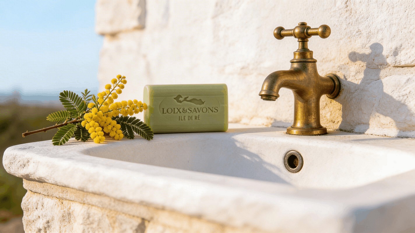 Savon artisanal mimosa pose sur evier exterieur pierre calcaire Ile de Re
